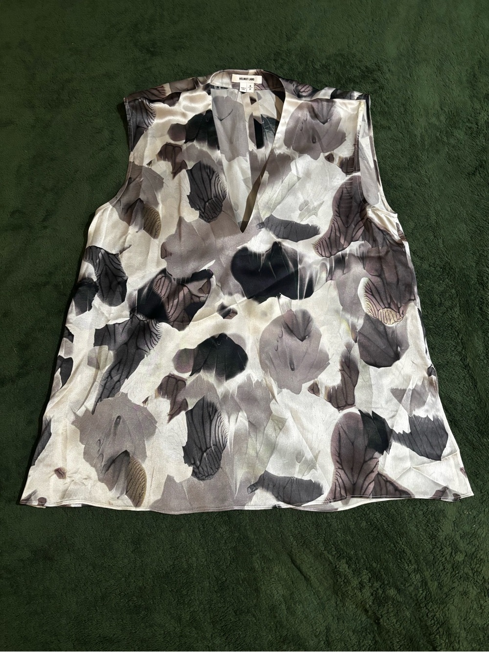 Helmut Lang S Silk V Neck sleeveless top Grey/blk/white Abstract Smudge Print